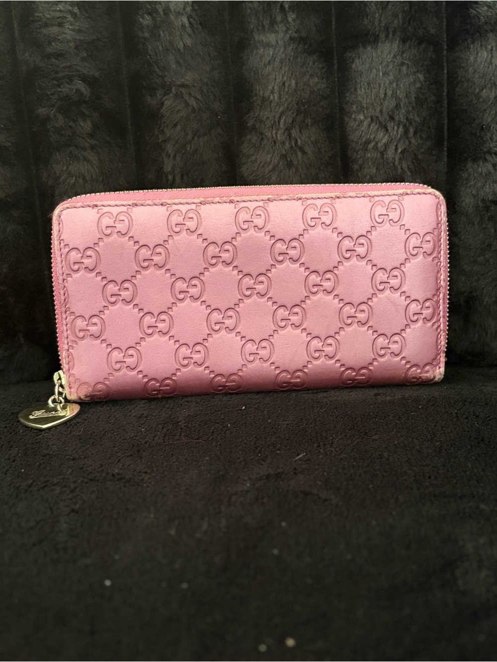 Gucci Pink Guccissima Zip-Around Wallet with Heart Charm